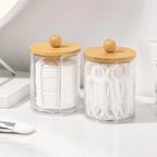 Cotton Swab Organizer With Bamboo Lids Clear Plastic Apothecary Jar For Vanity Makeup Storage