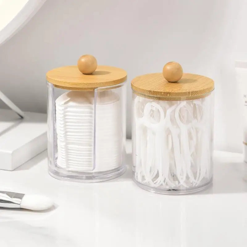 Cotton Swab Organizer With Bamboo Lids Clear Plastic Apothecary Jar For Vanity Makeup Storage