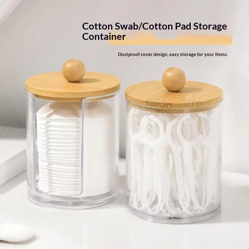 Cotton Swab Organizer With Bamboo Lids Clear Plastic Apothecary Jar For Vanity Makeup Storage