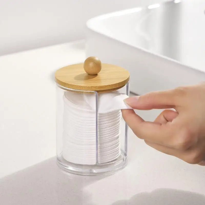 Cotton Swab Organizer With Bamboo Lids Clear Plastic Apothecary Jar For Vanity Makeup Storage