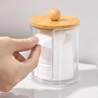 Cotton Swab Organizer With Bamboo Lids Clear Plastic Apothecary Jar For Vanity Makeup Storage