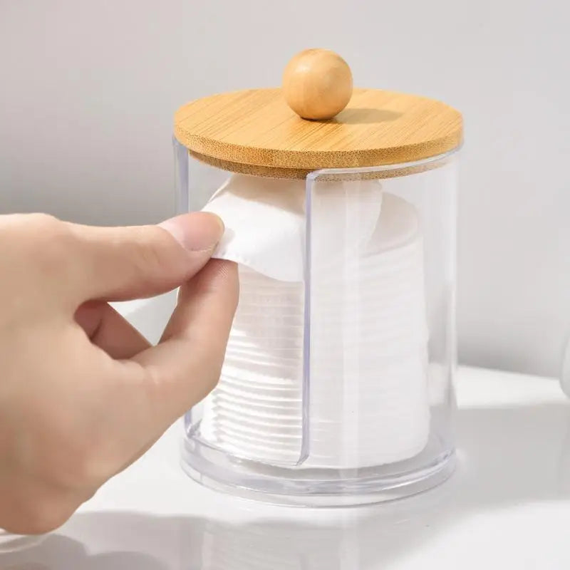 Cotton Swab Organizer With Bamboo Lids Clear Plastic Apothecary Jar For Vanity Makeup Storage