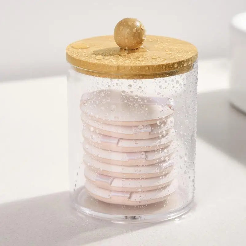 Cotton Swab Organizer With Bamboo Lids Clear Plastic Apothecary Jar For Vanity Makeup Storage