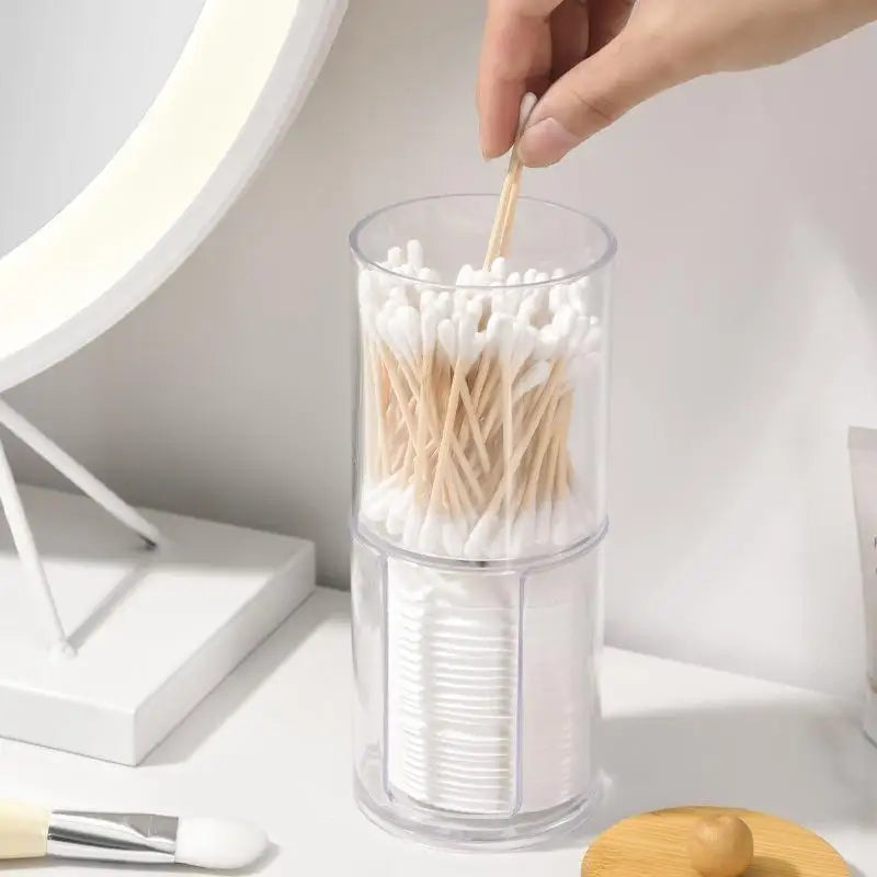 Cotton Swab Organizer With Bamboo Lids Clear Plastic Apothecary Jar For Vanity Makeup Storage