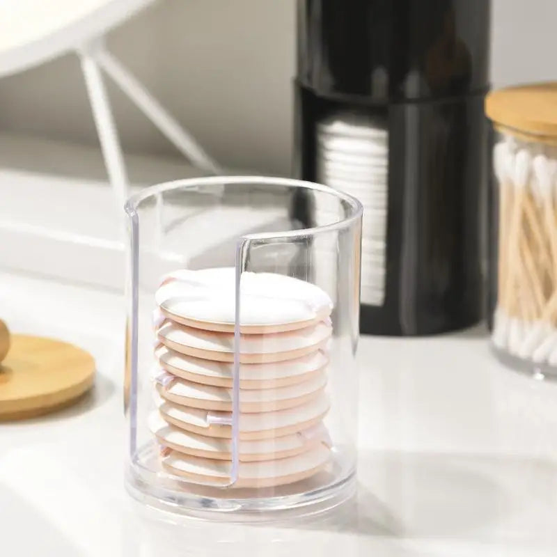 Cotton Swab Organizer With Bamboo Lids Clear Plastic Apothecary Jar For Vanity Makeup Storage