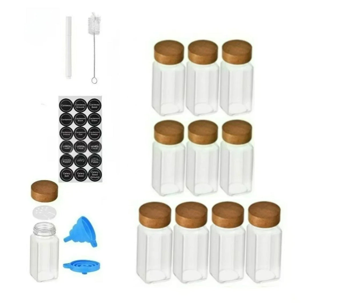 Square Spice Jars Set with Wooden Lid Spice Jars with Shaker Insert and Labels - Empty Glass Container for Kitchen Organisation