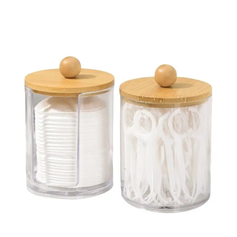 Cotton Swab Organizer With Bamboo Lids Clear Plastic Apothecary Jar For Vanity Makeup Storage