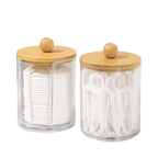 Cotton Swab Organizer With Bamboo Lids Clear Plastic Apothecary Jar For Vanity Makeup Storage