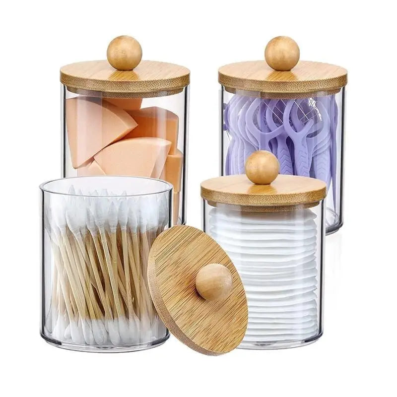 Cotton Swab Organizer With Bamboo Lids Clear Plastic Apothecary Jar For Vanity Makeup Storage