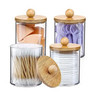 Cotton Swab Organizer With Bamboo Lids Clear Plastic Apothecary Jar For Vanity Makeup Storage