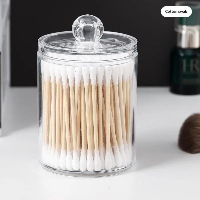 Cotton Swab Organizer With Bamboo Lids Clear Plastic Apothecary Jar For Vanity Makeup Storage