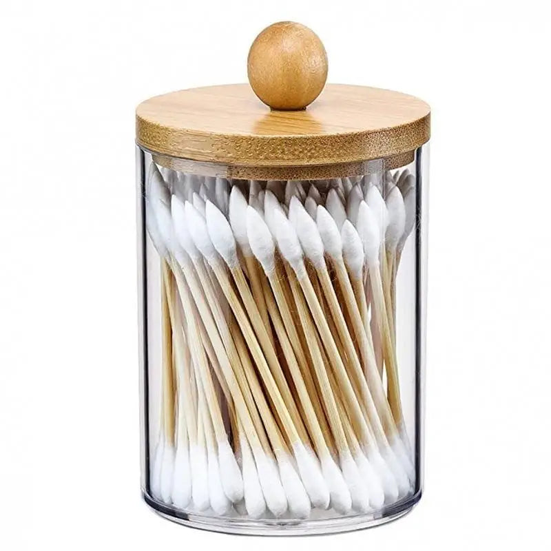 Cotton Swab Organizer With Bamboo Lids Clear Plastic Apothecary Jar For Vanity Makeup Storage