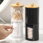 Cotton Swab Organizer With Bamboo Lids Clear Plastic Apothecary Jar For Vanity Makeup Storage