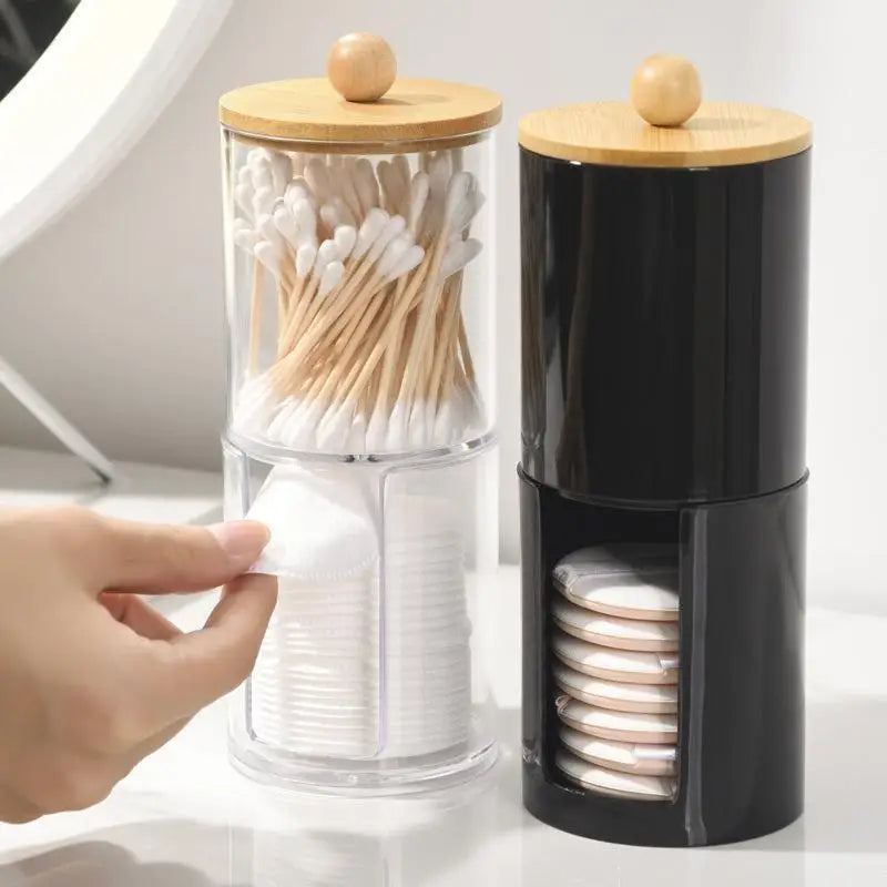 Cotton Swab Organizer With Bamboo Lids Clear Plastic Apothecary Jar For Vanity Makeup Storage