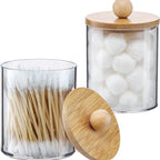 Cotton Swab Organizer With Bamboo Lids Clear Plastic Apothecary Jar For Vanity Makeup Storage