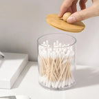Cotton Swab Organizer With Bamboo Lids Clear Plastic Apothecary Jar For Vanity Makeup Storage