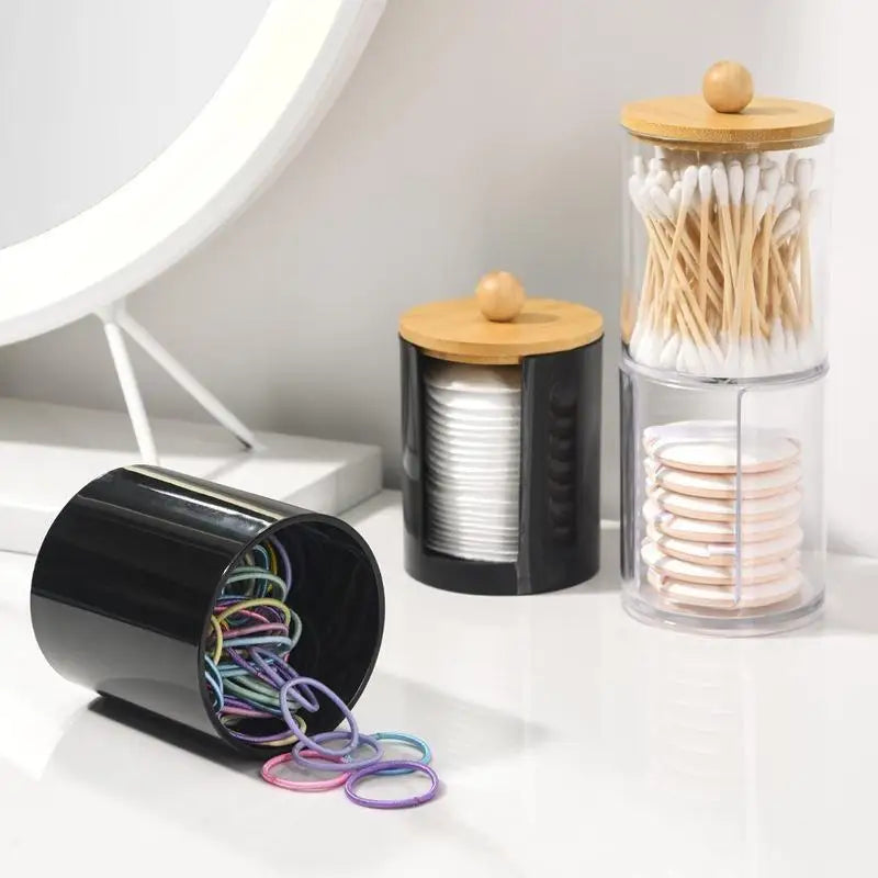 Cotton Swab Organizer With Bamboo Lids Clear Plastic Apothecary Jar For Vanity Makeup Storage